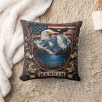 Majestic Eagle Over Mountains and American Flag Throw Pillow