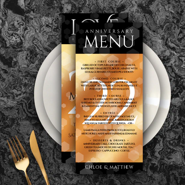 Elegant 22nd Copper Wedding Anniversary Menu