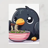 Adorable Black Bird Eating Peas and Noodles Postcard