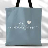 Bridesmaid Modern Script Heart Dusty Blue Tote Bag