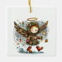 Quirky Christmas Angel Modern Art Style Ceramic Ornament