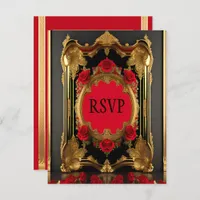 Golden frame with red roses, gothic style wedding  RSVP card