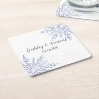 Blue Snowflakes on White Winter Wedding Square Paper Coaster