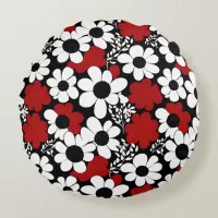 Pretty Floral Pattern in Red, Black and White Round Pillow