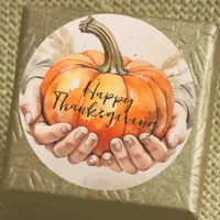 Two Hands Gently Holding a Pumpkin Thanksgiving Classic Round Sticker