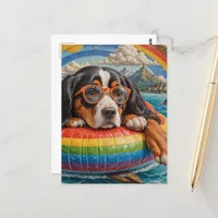 Adorable Tri Color Dog enjoys Floating in a Lake  Postcard