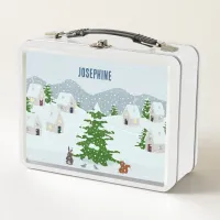 Winter village with snow, bunny, squirrel and pine metal lunch box