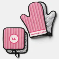 Rustic Charm Pink Striped Oven Mitt & Pot Holder Set