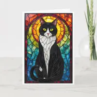 Stained Glass Style Black and White Tuxedo Cat Card