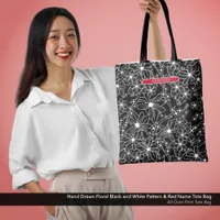 Dark Floral Black White Pattern & Red Name  Tote Bag