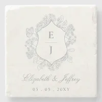 Dusty Blue Floral Crest Monogram Wedding Stone Coaster