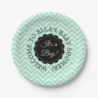 Personalized Baby Shower Sage Chevron Paper Plates