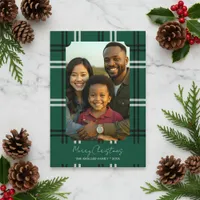 Modern Green Plaid Family Photo Holiday Greeting Card