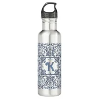 Blue Fancy Floral Graphic Pattern Personalized Stainless Steel Water Bottle