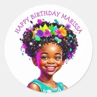 Birthday Party African-American Girl Personalized Classic Round Sticker