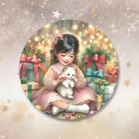 Little Vintage Girl in Pink with Kitten Christmas Classic Round Sticker