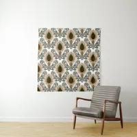 Boho Peacock Feather Jewel Tone-Brown & Gold Tapestry