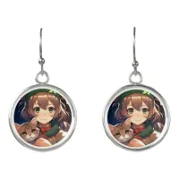 Cute Anime Girl Holding a Kitten Christmas Earrings