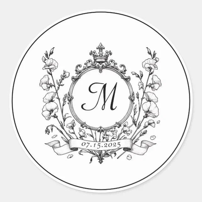 Regal Classic Formal Monogram Crest Wedding  Classic Round Sticker