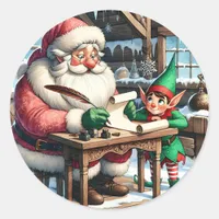 Adorable Santa and Elf Christmas Classic Round Sticker