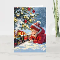 A Boy and his Christmas Train Old-Fashioned Holiday Card