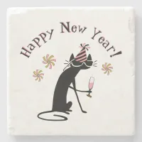 Happy New Year Wine Quote with Cat Stone Coaster