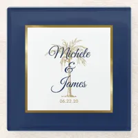 Elegant Navy Blue Gold Palm Tree Modern Wedding Glass Coaster