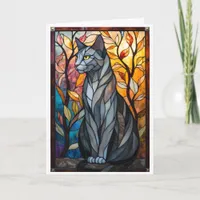 Stained Glass Style Gray Cat with Leaves Card