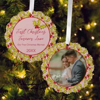 First Christmas Married Pink Red Fun Couples Photo Ornament Card