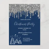 Christmas party blue glitter silver invitation postcard