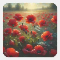 Pretty Red Poppy Field on a Summer Day Square Sticker