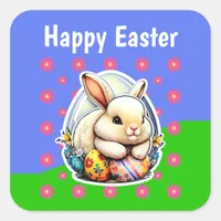 Cute Easter Bunny Pink Flower Pattern Square Sticker