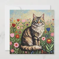 Fluffy Gray Tabby Cat and Folk Art Flowers