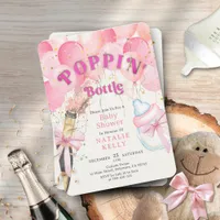 Glitter Pink Balloon Poppin' Bottles Baby Shower Invitation