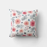 Watermelon Pink and Blue Watercolor Floral Pattern Throw Pillow