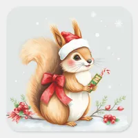  Watercolor Christmas Squirrel with Candy Cane Square Sticker