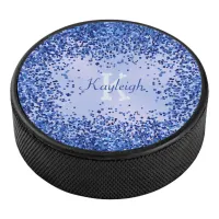 Simple Blue Brushed Metal and Glitter Monogram | Hockey Puck