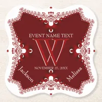 Red White Lace Border Wedding Anniversary Elegant Paper Coaster