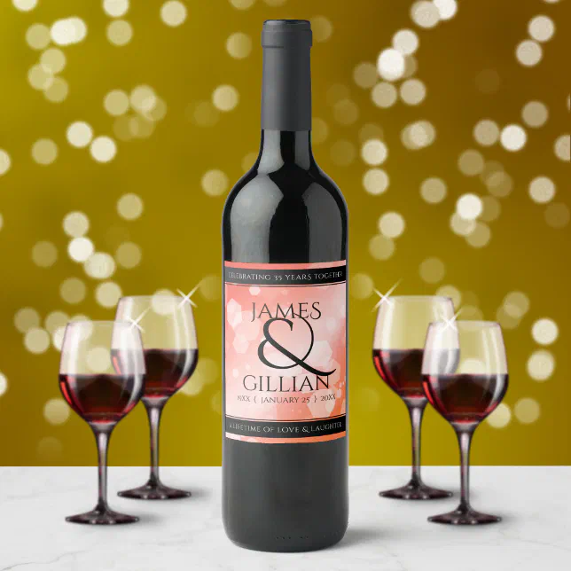 Elegant 35th Coral Wedding Anniversary Celebration Wine Label