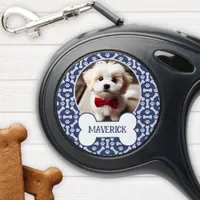 Navy And White Dog Bone Paw Pattern Pet Photo Retractable Pet Leash