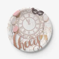 Cheers Rose Gold Script Clock Champagne New Year Paper Plates