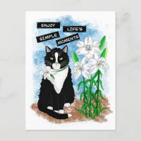 Tuxedo Cat and Lilies | Inspirational Quote Postcard