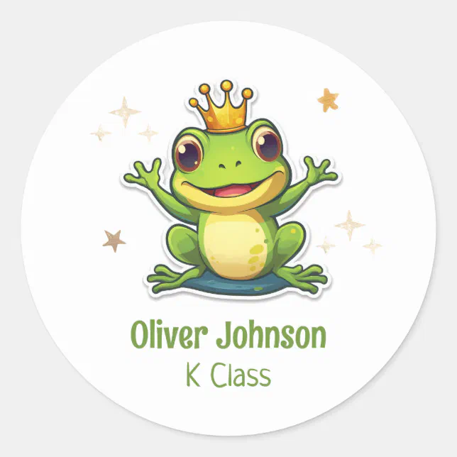 Frog King Cartoon Back To School Name And Class  Classic Round Sticker