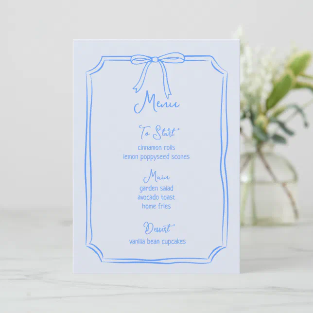 Whimsical Hand Drawn Bow Girly Coquette Blue Menu