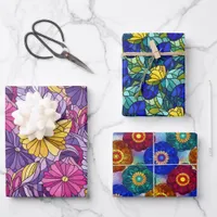 Three Stained Glass Abstract Floral Patterns Wrapping Paper Sheets