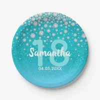 18th birthday teal blue green glitter name paper plates