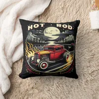 Vibrant hot rod racing under a full moonlit sky throw pillow