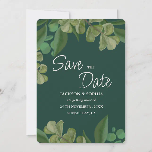 Emerald green Elegant rustic greenery leaves lush Save The Date