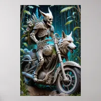 skeleton on a chopper mounted with a wolf head poster