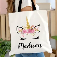 Unicorn Face With Eyelashes Personalized Name Tote Bag